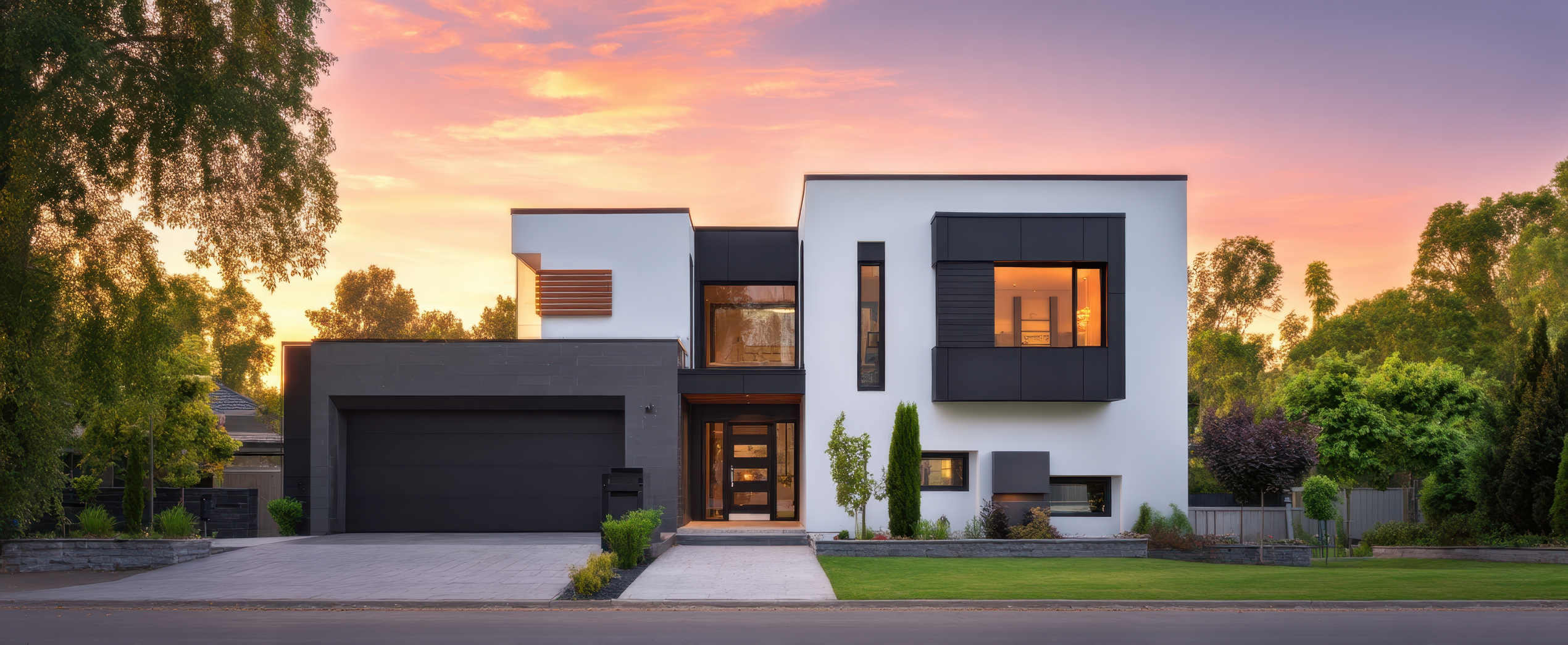The modern house with striking architecture and stunning sunset backdrop.